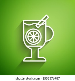 White line Mulled wine with glass of drink and ingredients icon isolated on green background. Cinnamon stick, clove, lemon slice.  Vector Illustration