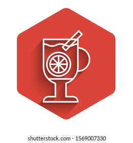 White line Mulled wine with glass of drink and ingredients icon isolated with long shadow. Cinnamon stick, clove, lemon slice. Red hexagon button. Vector Illustration