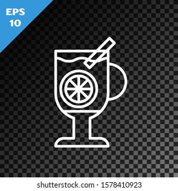 White line Mulled wine with glass of drink and ingredients icon isolated on transparent dark background. Cinnamon stick, clove, lemon slice.  Vector Illustration