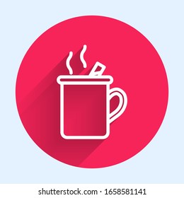 White line Mulled wine with glass of drink and ingredients icon isolated with long shadow. Cinnamon stick, clove, lemon slice. Red circle button. Vector Illustration