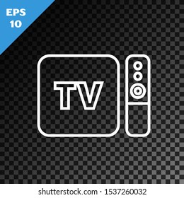 White line Multimedia and TV box receiver and player with remote controller icon isolated on transparent dark background.  Vector Illustration