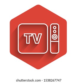 White line Multimedia and TV box receiver and player with remote controller icon isolated with long shadow. Red hexagon button. Vector Illustration