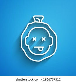 White line Murder icon isolated on blue background. Body, bleeding, corpse, bleeding icon. Dead head. Concept of crime scene. Long shadow. Vector