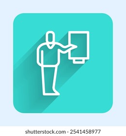 White line Museum guide icon isolated with long shadow. Green square button. Vector
