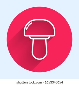 White line Mushroom icon isolated with long shadow. Red circle button. Vector Illustration