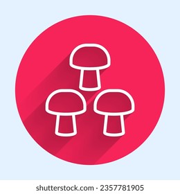 White line Mushroom icon isolated with long shadow. Red circle button. Vector