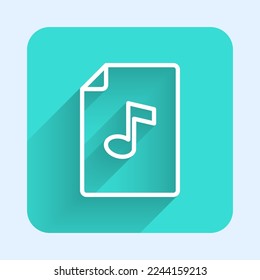 White line Music book with note icon isolated with long shadow. Music sheet with note stave. Notebook for musical notes. Green square button. Vector