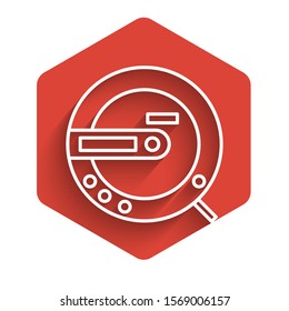 White line Music CD player icon isolated with long shadow. Portable music device. Red hexagon button. Vector Illustration