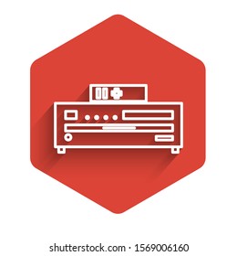 White line Music CD player icon isolated with long shadow. Portable music device. Red hexagon button. Vector Illustration