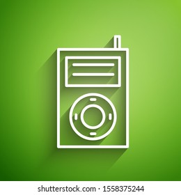 White line Music MP3 player icon isolated on green background. Portable music device.  Vector Illustration