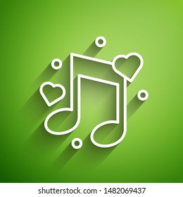White line Music note, tone with hearts icon isolated on green background.  Vector Illustration