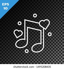 White line Music note, tone with hearts icon isolated on transparent dark background.  Vector Illustration