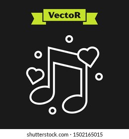 White line Music note, tone with hearts icon isolated on black background.  Vector Illustration