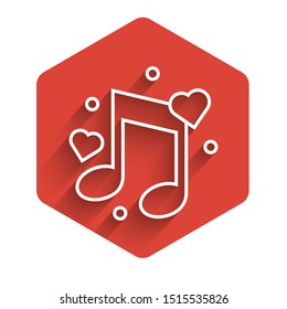 White line Music note, tone with hearts icon isolated with long shadow. Red hexagon button. Vector Illustration