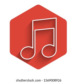 White line Music note, tone icon isolated with long shadow. Red hexagon button. Vector Illustration