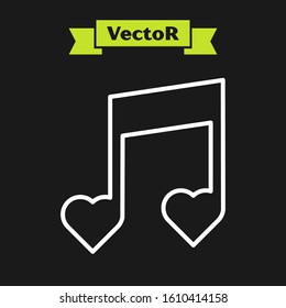 White line Music note, tone with hearts icon isolated on black background. Valentines day.  Vector Illustration