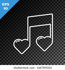 White line Music note, tone with hearts icon isolated on transparent dark background. Valentines day.  Vector Illustration