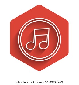 White line Music note, tone icon isolated with long shadow. Red hexagon button. Vector Illustration