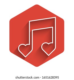 White line Music note, tone with hearts icon isolated with long shadow. Valentines day. Red hexagon button. Vector Illustration