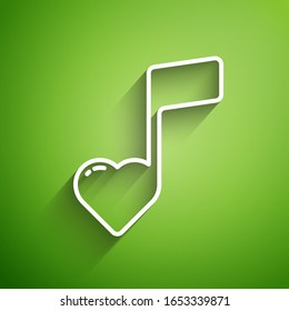 White line Music note, tone with hearts icon isolated on green background. Valentines day.  Vector Illustration
