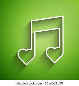 White line Music note, tone with hearts icon isolated on green background. Valentines day.  Vector Illustration