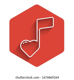White line Music note, tone with hearts icon isolated with long shadow. Valentines day. Red hexagon button. Vector Illustration