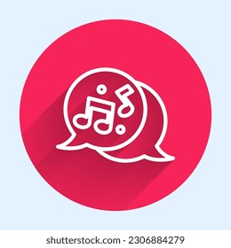 White line Music note, tone icon isolated with long shadow. Red circle button. Vector
