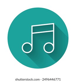 White line Music note, tone icon isolated with long shadow background. Green circle button. Vector