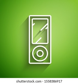 White line Music player icon isolated on green background. Portable music device.  Vector Illustration