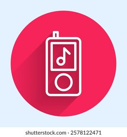 White line Music player icon isolated with long shadow. Portable music device. Red circle button. Vector Illustration