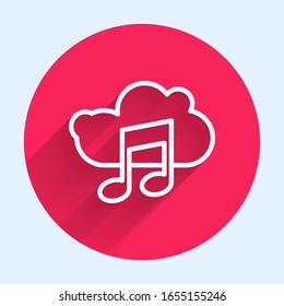 White line Music streaming service icon isolated with long shadow. Sound cloud computing, online media streaming, song, audio wave. Red circle button. Vector Illustration