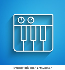 White line Music synthesizer icon isolated on blue background. Electronic piano. Long shadow. Vector