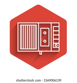 White line Music tape player icon isolated with long shadow. Portable music device. Red hexagon button. Vector Illustration