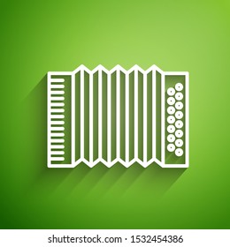 White line Musical instrument accordion icon isolated on green background. Classical bayan, harmonic.  Vector Illustration