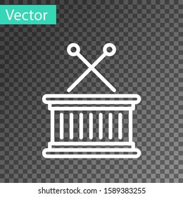 White line Musical instrument drum and drum sticks icon isolated on transparent background.  Vector Illustration