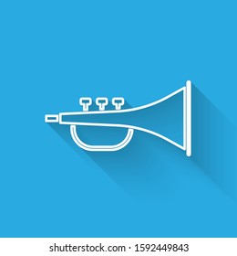 White line Musical instrument trumpet icon isolated with long shadow.  Vector Illustration