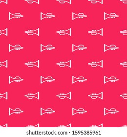 White line Musical instrument trumpet icon isolated seamless pattern on red background.  Vector Illustration