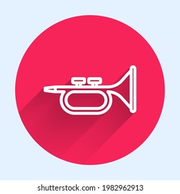 White line Musical instrument trumpet icon isolated with long shadow. Red circle button. Vector