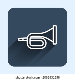 White line Musical instrument trumpet icon isolated with long shadow background. Blue square button. Vector