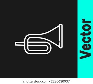 White line Musical instrument trumpet icon isolated on black background.  Vector