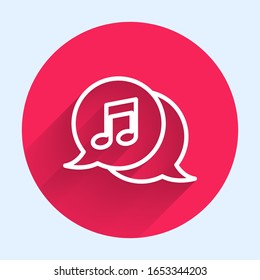 White Line Musical Note in Sprache Blase Symbol einzeln auf lange Schatten. Musik- und Tonkonzept. Roter Kreis-Knopf. Vektorillustration-Illustration