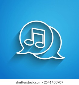 White line Musical note in speech bubble icon isolated on blue background. Music and sound concept. Long shadow. Vector