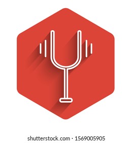 White line Musical tuning fork for tuning musical instruments icon isolated with long shadow. Red hexagon button. Vector Illustration