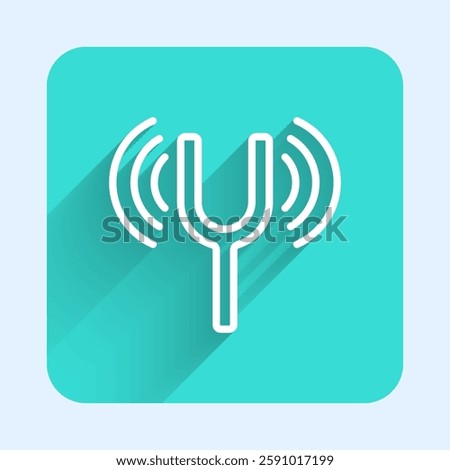 White line Musical tuning fork for tuning musical instruments icon isolated with long shadow background. Green square button. Vector