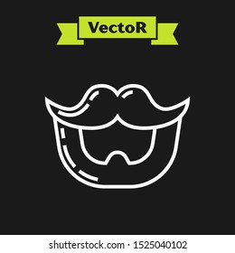 White line Mustache and beard icon isolated on black background. Barbershop symbol. Facial hair style.  Vector Illustration
