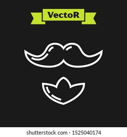 White line Mustache and beard icon isolated on black background. Barbershop symbol. Facial hair style.  Vector Illustration