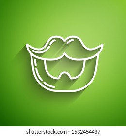 White line Mustache and beard icon isolated on green background. Barbershop symbol. Facial hair style.  Vector Illustration