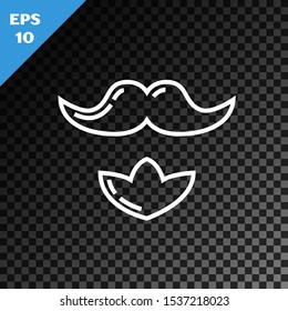 White line Mustache and beard icon isolated on transparent dark background. Barbershop symbol. Facial hair style.  Vector Illustration