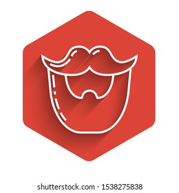 White line Mustache and beard icon isolated with long shadow. Barbershop symbol. Facial hair style. Red hexagon button. Vector Illustration