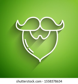 White line Mustache and beard icon isolated on green background. Barbershop symbol. Facial hair style.  Vector Illustration